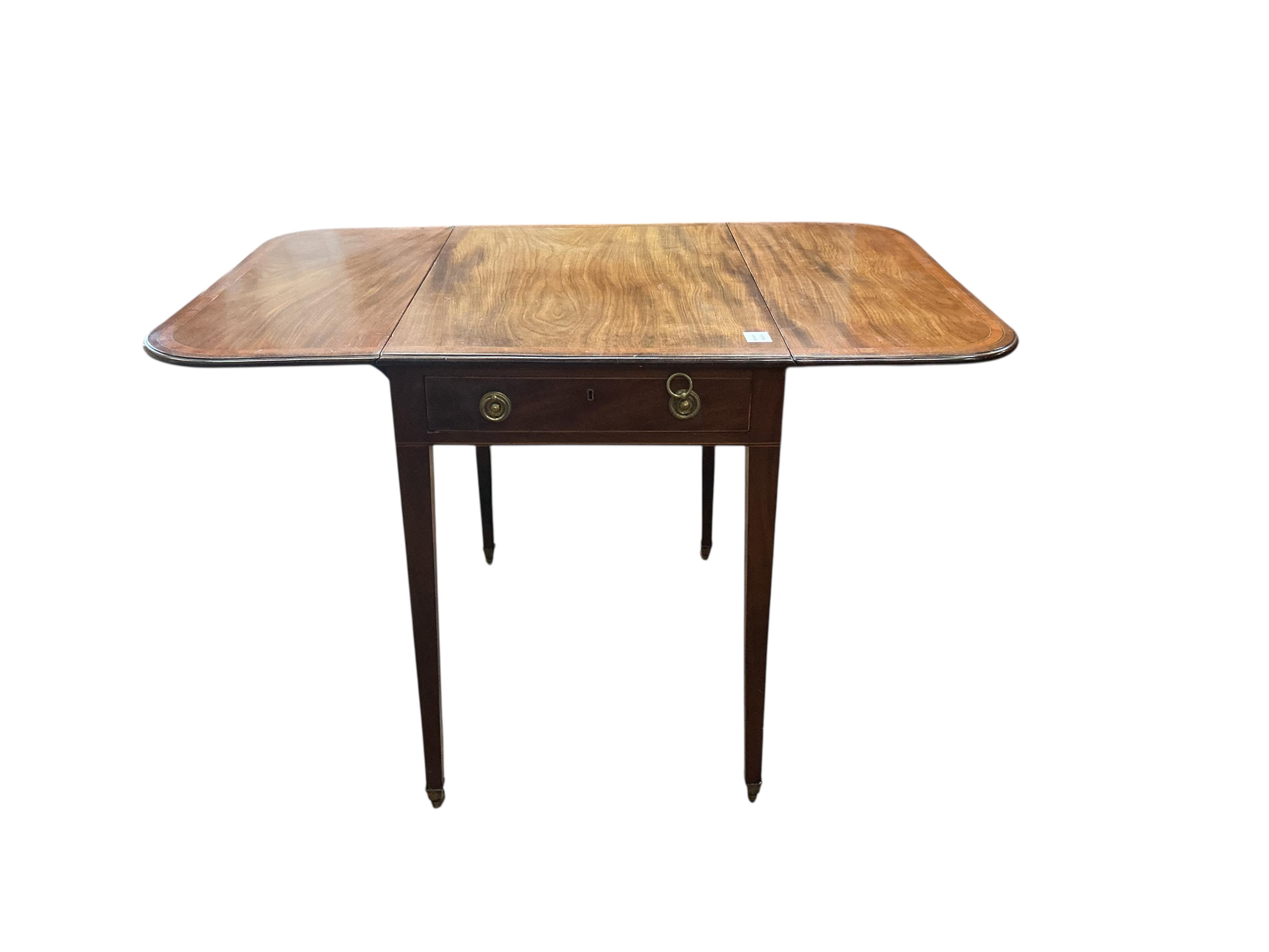 A George III mahogany and satinwood banded Pembroke table, width 51cm, depth 36cm, height 71cm